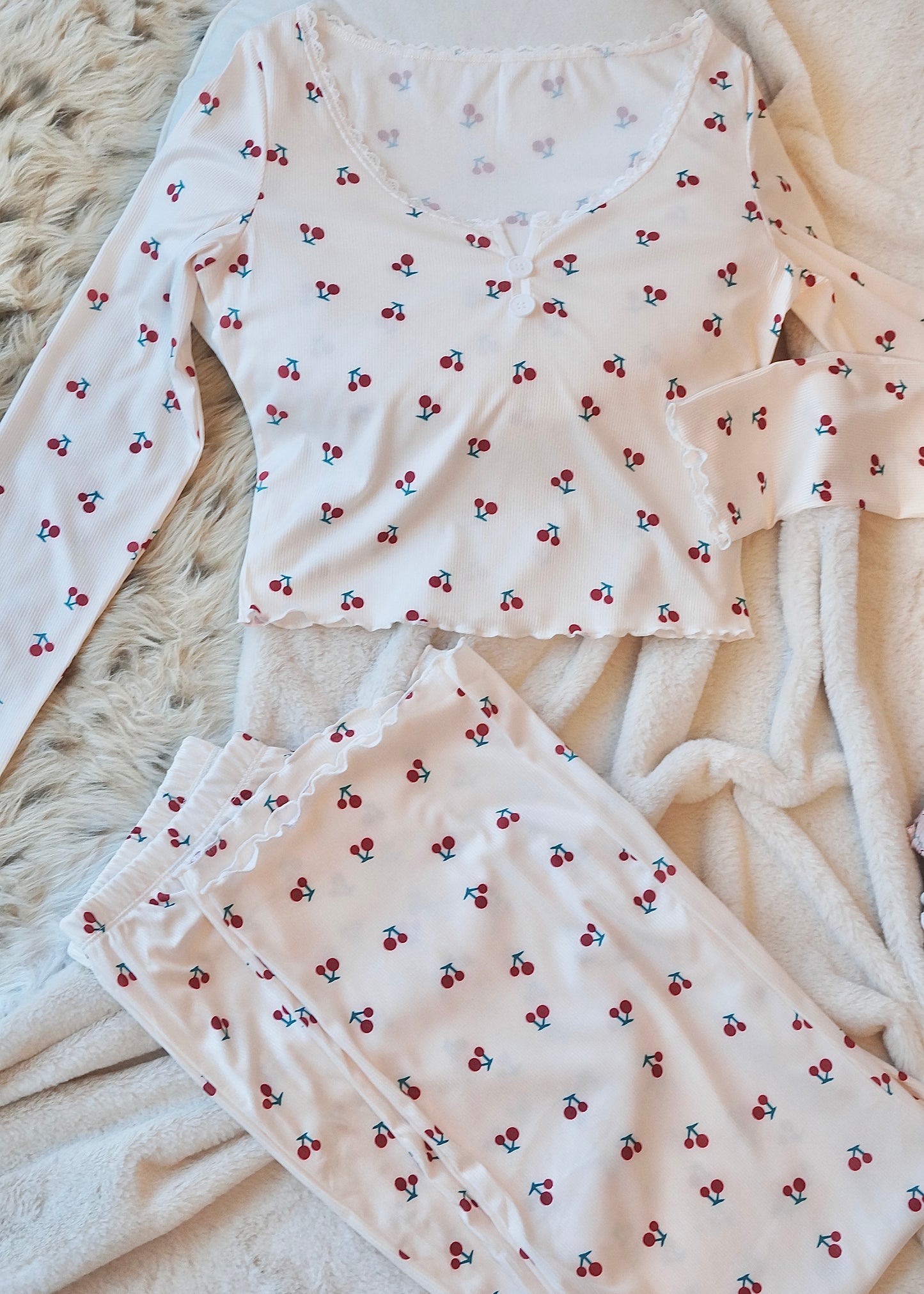 Cherry Cherry Creamy White Pyjamas Set