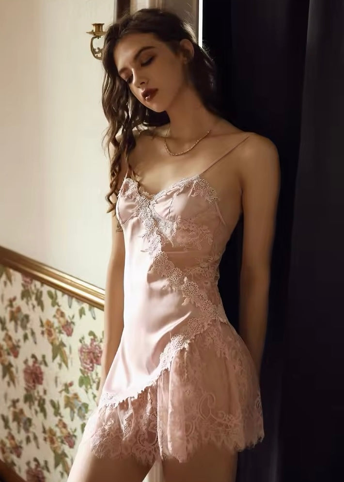 pink slip dress lingerie SilkySpell 1pc Women's Spaghetti Strap Nightgown, Silky Satin Pink Short Slip Dress, Elegant Lace Trim, Silk, All Season, Pink Home Summer