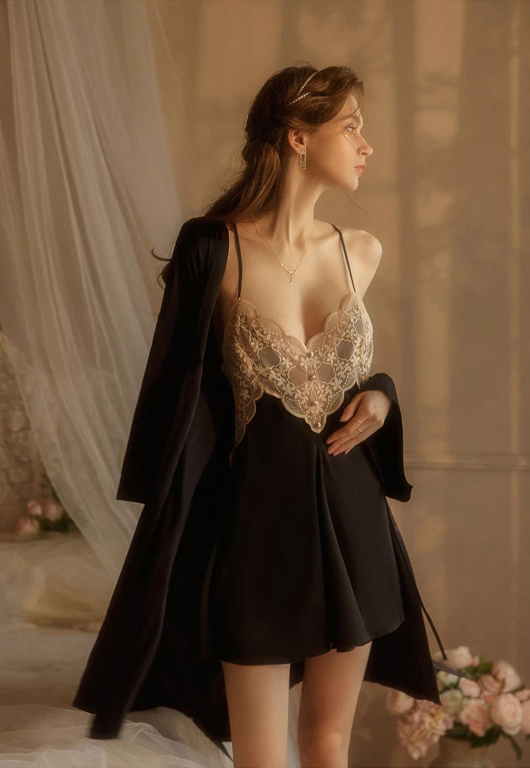 Midnight black Winter Rose Night Dress & Rob