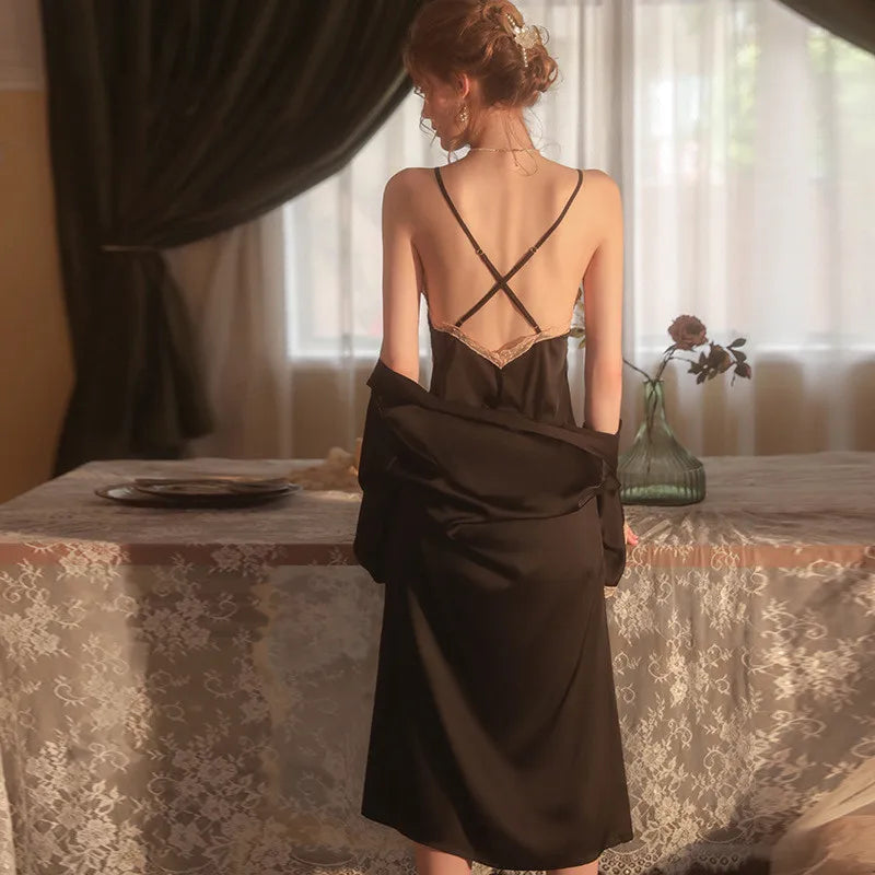 Midnight black Winter Rose Night Dress & Rob