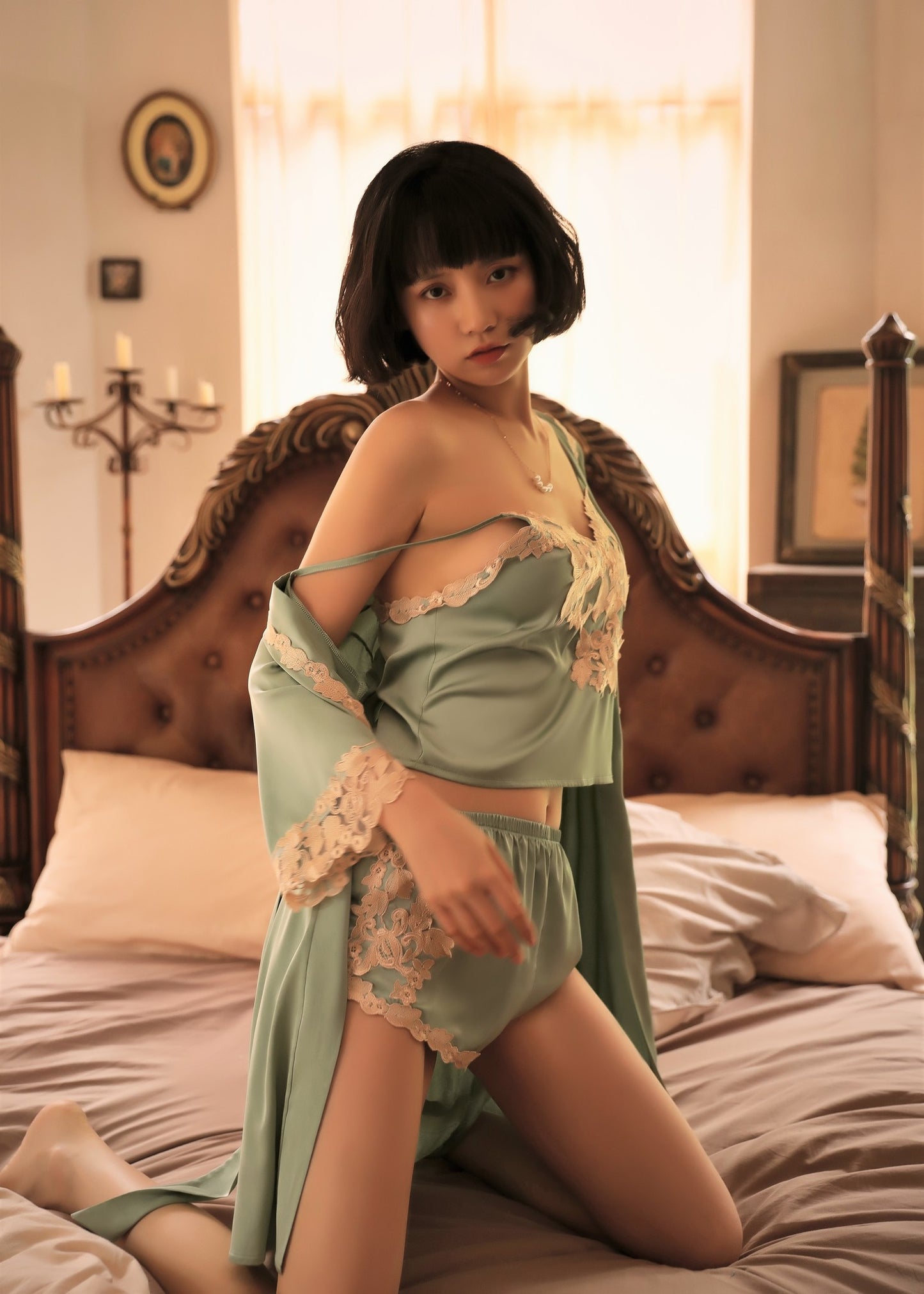 Venus Short Robe with Embroidered Tulle